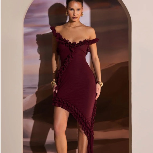 Murci Ruffle Detail Asymmetric dress Deep Maroon sz XS/2 - Picture 3 of 4